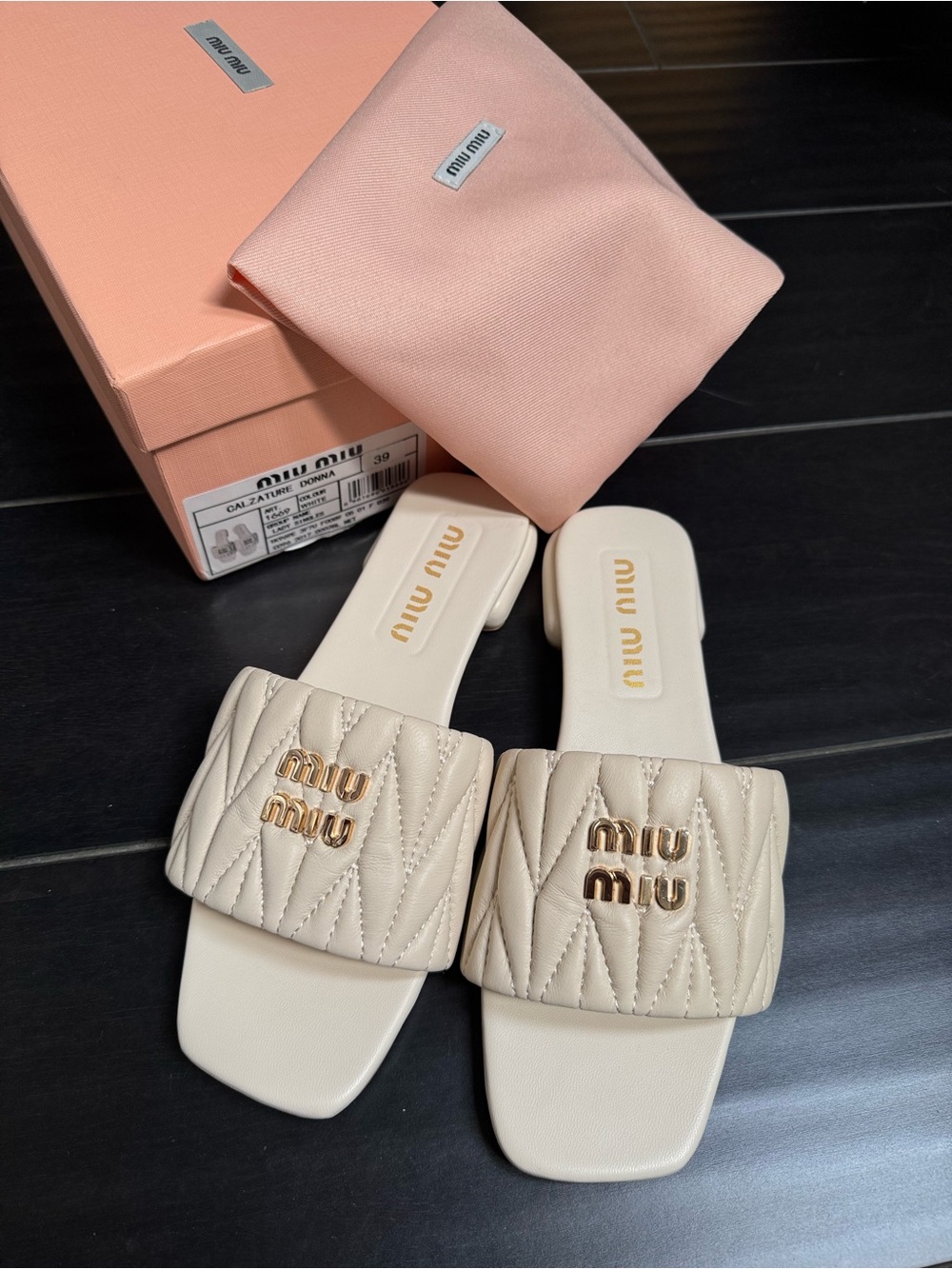 Gold Miu Miu Logo Quilted Cream / White Slide Sandals